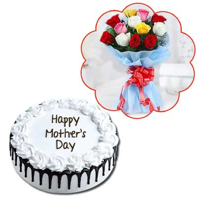 "Round shape pineapple cake - 1kg, Flower Bunch with 12 Mixed Roses - Click here to View more details about this Product